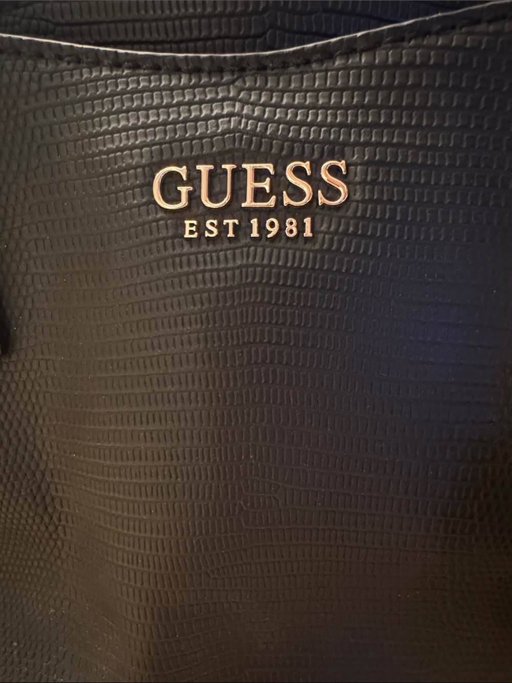 GUESS Black Textured Tote with Gold Accent Charm - Picture 3 of 5